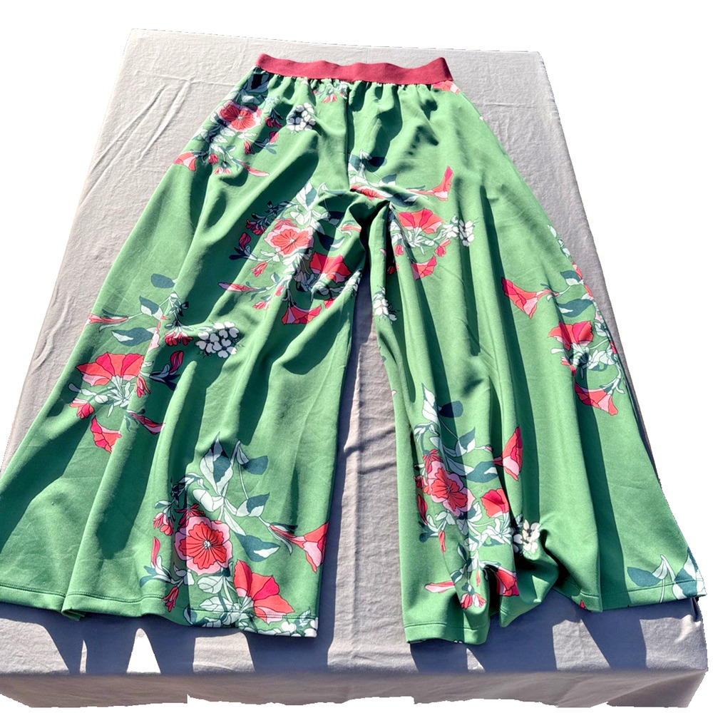 LuLaRoe Wide Leg Pants L Green Floral Red Waist Flowy
